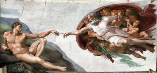 Tu je výjav Stvorenie Adama, slávna freska na klenbe Sixtínskej kaplnky. Tento ikonický obraz namaľoval Michelangelo Buonarroti v rokoch 1508–1512 ako súčasť rozsiahlej výzdoby kaplnky vo Vatikáne. Freska zobrazuje moment, keď Boh vystiera ruku k Adamovi, aby mu vdýchol život — jeden z najznámejších symbolov renesančného umenia a ľudskej tvorivosti.